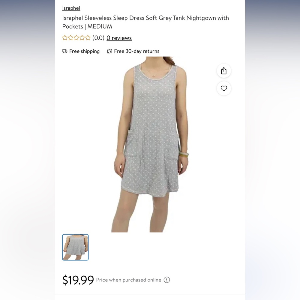 Israphel soft gray sleeveless night gown; with pockets!